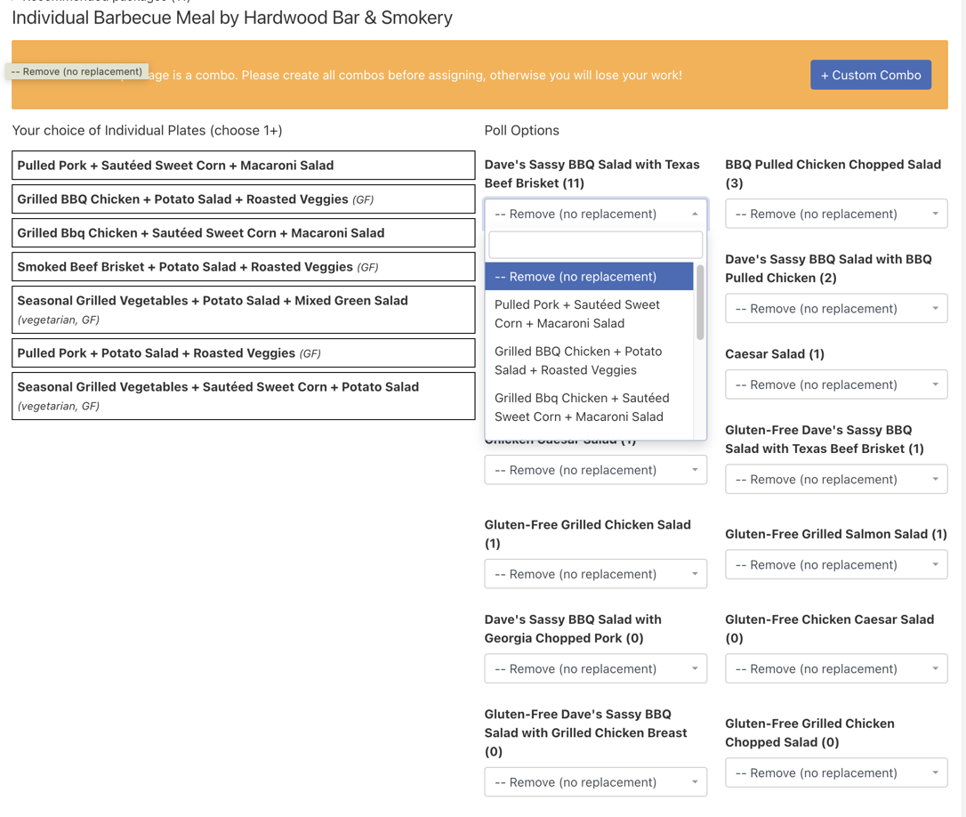Poll replacement page. Maps customer selections to another restaurant's menu if a restaurant cannot deliver